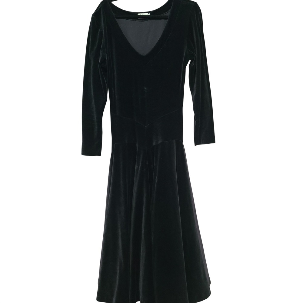 Devi Black Velvet Long Sleeve Midi Dress 8152 Rayon Scoop Neck Womens Medium